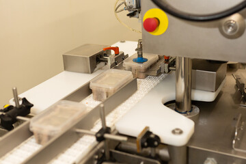 Plastic containers with herring fillets move along an automated conveyor system for sealing and final packaging. The stainless steel machinery highlights modern food manufacturing technology.