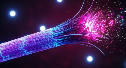Abstract digital art of a glowing fiber optic cable with data transmission