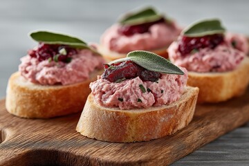 artisanal whipped cranberry pate spread beautifully arranged on golden toasted crostini bread slices garnished with fresh aromatic sage leaves