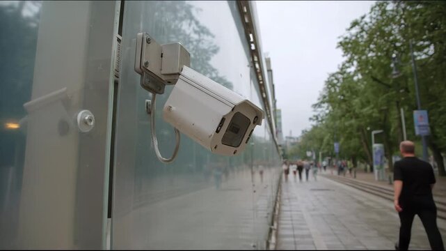 Security camera monitoring pedestrians on rainy city street  