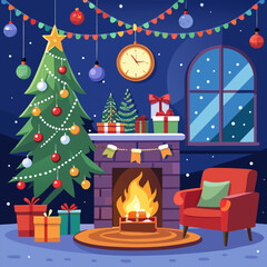 Cozy christmas living room scene with decorated tree