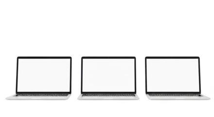 Three open laptops with blank white screens for mockup display