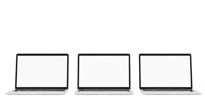 Three open laptops with blank white screens for mockup display