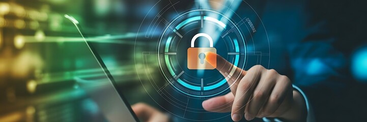 Cyber security and data protection. Businesswoman using modern screen computer protecting business and financial data with virtual network connection. Innovation technology develop smart solution.icon