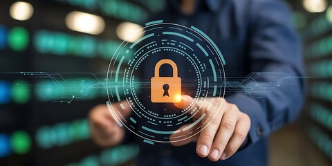 Cyber security and data protection. Businesswoman using modern screen computer protecting business and financial data with virtual network connection. Innovation technology develop smart solution.icon