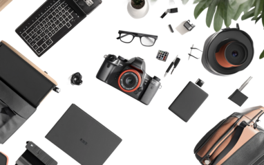 Artistic depiction of a tech reviewer showcasing Cyber Monday deals and unboxing latest gadgets isolated on transparent background PNG
