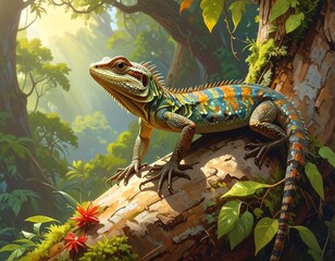 Captivating Portrait of a Water Dragon in its Natural Habitat, a Lush Jungle