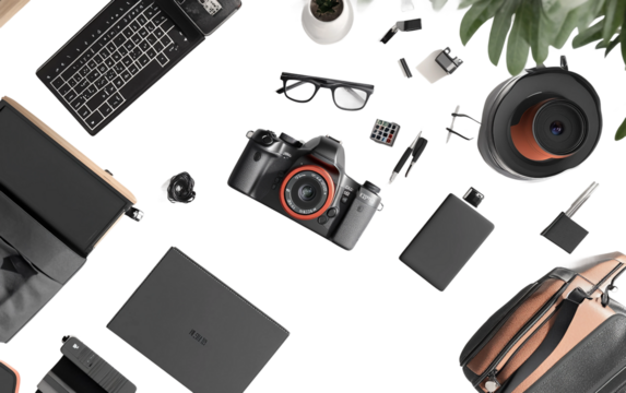 Artistic depiction of a tech reviewer showcasing Cyber Monday deals and unboxing latest gadgets isolated on transparent background PNG