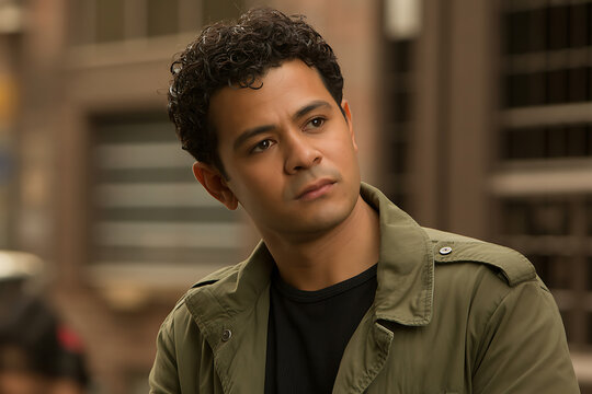 Young man with curly hair wearing a green jacket looking thoughtfully to the side