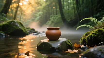 Clay Pot on a Rock in a Forest Stream with Sunlight for Nature and Tranquility
