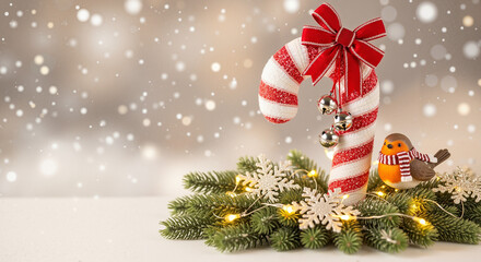 Christmas candy cane decorated with ribbon and bells on pine arrangement