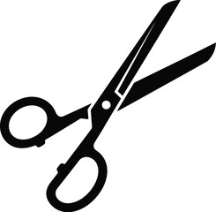 A simple black and white illustration depicting a pair of open scissors