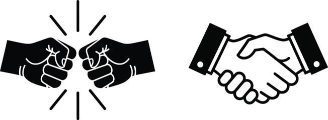 Contrast between conflict and agreement fists versus a friendly handshake