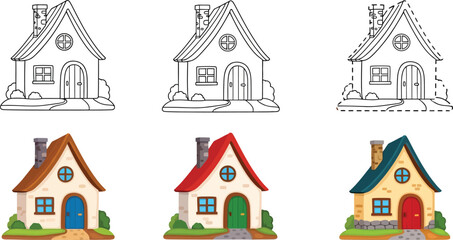 Fototapeta premium Charming house illustrations in varying styles outline shaded and fully colored