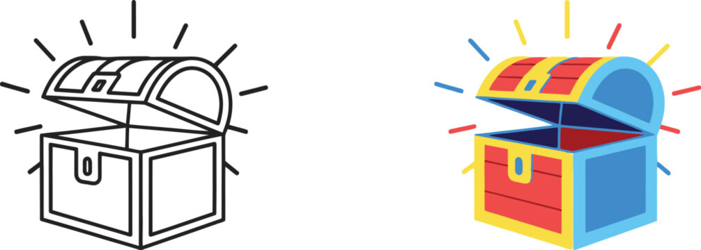 An illustration of an open treasure chest in two different styles