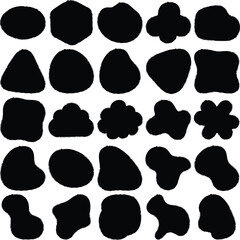 Collection of organic amorphous black shapes and blobs on a white background