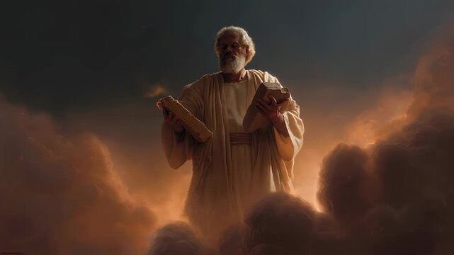 Old man holds stone tablets. Moses character with religious scriptures. Biblical teaching and ancient law concept.