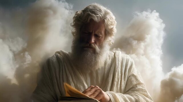An old man with a long white beard and robe reads a book, concept of god and creation for religious spirituality