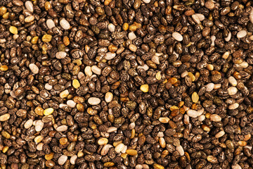 Chia seeds on a white background, top view