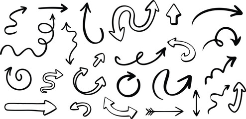 Hand Drawn Arrow Set Sketch Direction Curved Pointer Doodle Icons Swirl Loop Flow Navigation Elements Vector PNG