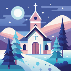 Obraz premium Winter Church Scene with Snow, Trees, and Moon Illustration winter