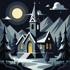 Winter church with mountains and moon in the night scene