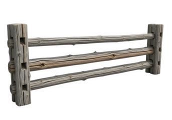 “Rustic Three Rail Wooden Log Fence – Weathered Wood Isolated on Transparent Background PNG”