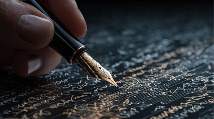 Hand Writing with Elegant Pen Surrounded by Flowing Digital Data and Circuit Patterns, Symbolizing Fusion of Traditional Script and Modern Technology