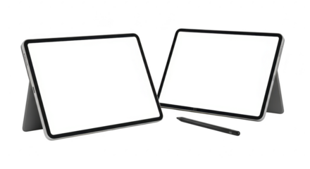 Two modern tablets with blank screens and a stylus pen mockup