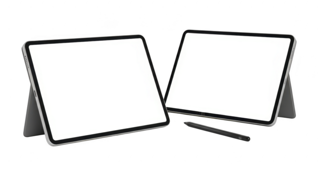 Two modern tablets with blank screens and a stylus pen mockup