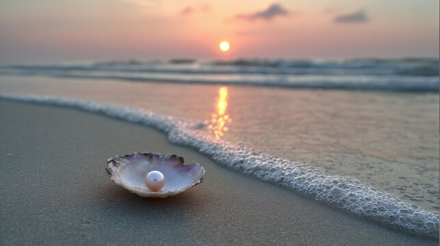 A simple yet elegant coastal sunset scene, with a delicate oyster shell resting on a smooth, sandy beach. The pearl inside glows subtly under the warm hues of the setting sun. The ocean waves are soft