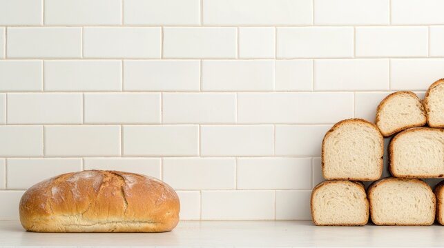 Freshly baked bread on a white tiled background, showcasing a rustic loaf and sliced bread piles.