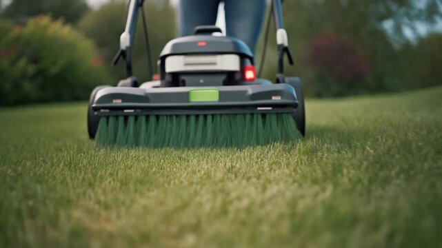 Cordless Power Tools concept. Lawn maintenance equipment in action.