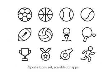 Sports icons set featuring various ball games, running, and winning symbols