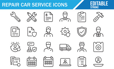 Clean outline auto repair icons for automotive branding and service design