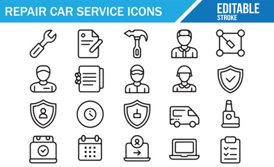Auto maintenance icon collection including tools, inspections, and schedules