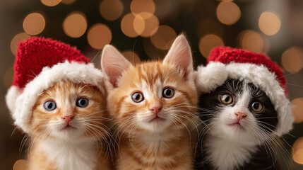 Three cute kittens in santa hats symbolize festive joy and warmth. Christmas cheer