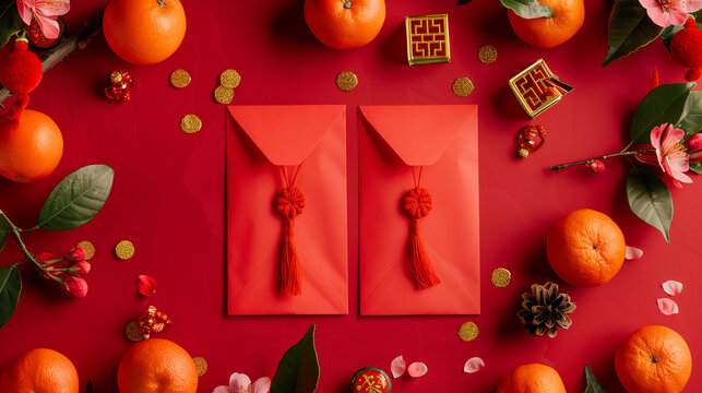 Chinese New Year flat lay with red envelopes, oranges, gold coins, and traditional decorative items on a red background.