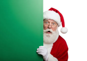 Santa Claus Peeking with a Surprised Look from Behind a Green Board