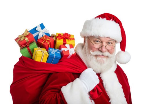 Jolly Santa Claus with a Red Sack of Colorful Presents