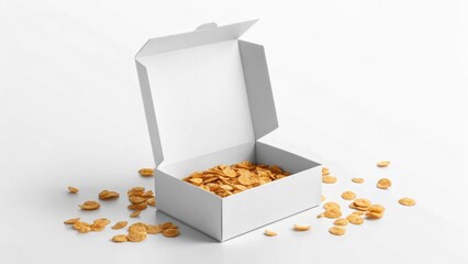 Open cereal box with spilled flakes mockup breakfast mockup food mockup packaging mockup crunch mockup bowl mockup label mockup snack mockup morning mockup background image
