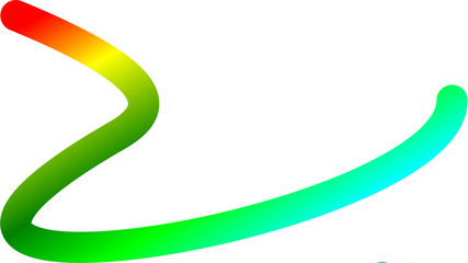 An abstract, flowing brush stroke with a vibrant rainbow color gradient on a white background.