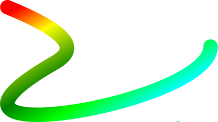 An abstract, flowing brush stroke with a vibrant rainbow color gradient on a white background.