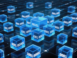 Binary code (zeros and ones) on blue-lit 3D cubes. Technology, data, and cybersecurity visual.