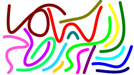 A vibrant and chaotic abstract digital drawing with a multitude of colorful, flowing, and overlapping lines on a white background.