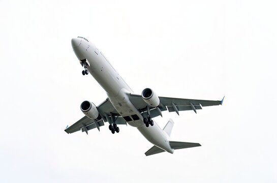 A photorealistic, highly-detailed close-up photograph of a generic wide-body passenger jet (white, no logo/livery) captured from a steep low angle. The aircraft is dramatically ascending. The landing