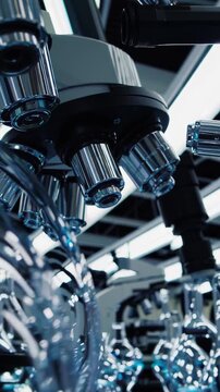 microscope objective cluster in sterile lab, rows of lenses and stage mechanisms reflecting LED ring lights, scientist inspection scenario conveying precision, biotech research and analytical