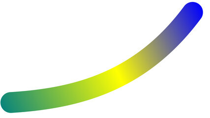 An abstract curved line with a vibrant gradient from green to yellow to blue on a white background.