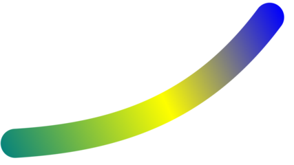 An abstract curved line with a vibrant gradient from green to yellow to blue on a white background.