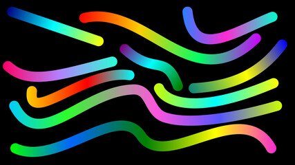 Abstract background with vibrant, glowing rainbow-colored wavy lines and curves on a black canvas.